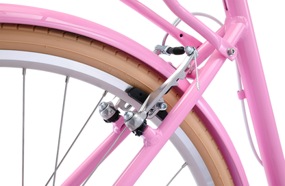 Ladies Deluxe Vintage Bike in Pink showing rear Tektro Alloy V-brakes from Reid Cycles Australia