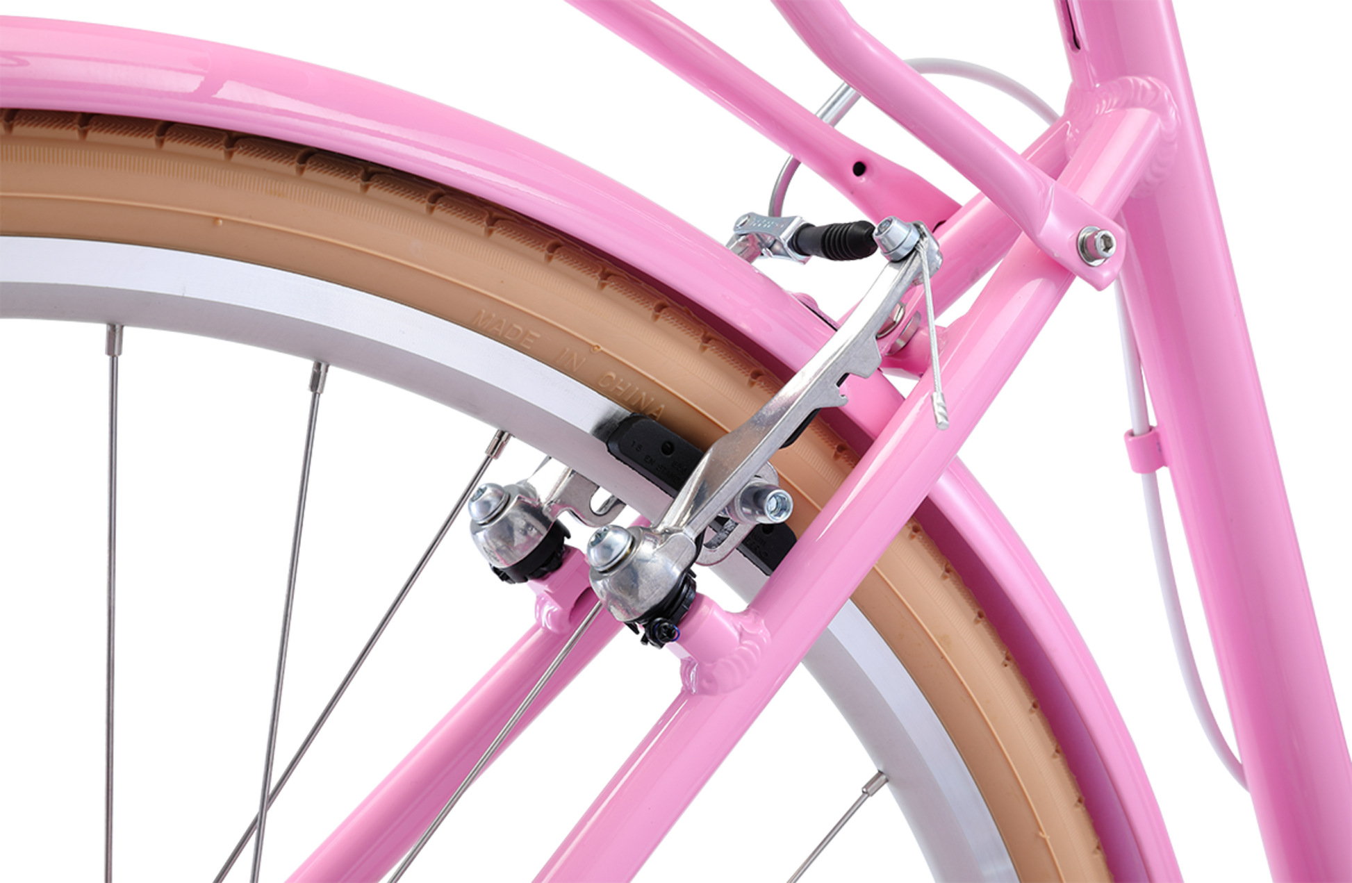 Ladies Deluxe Vintage Bike in Pink showing rear Tektro Alloy V-brakes from Reid Cycles Australia