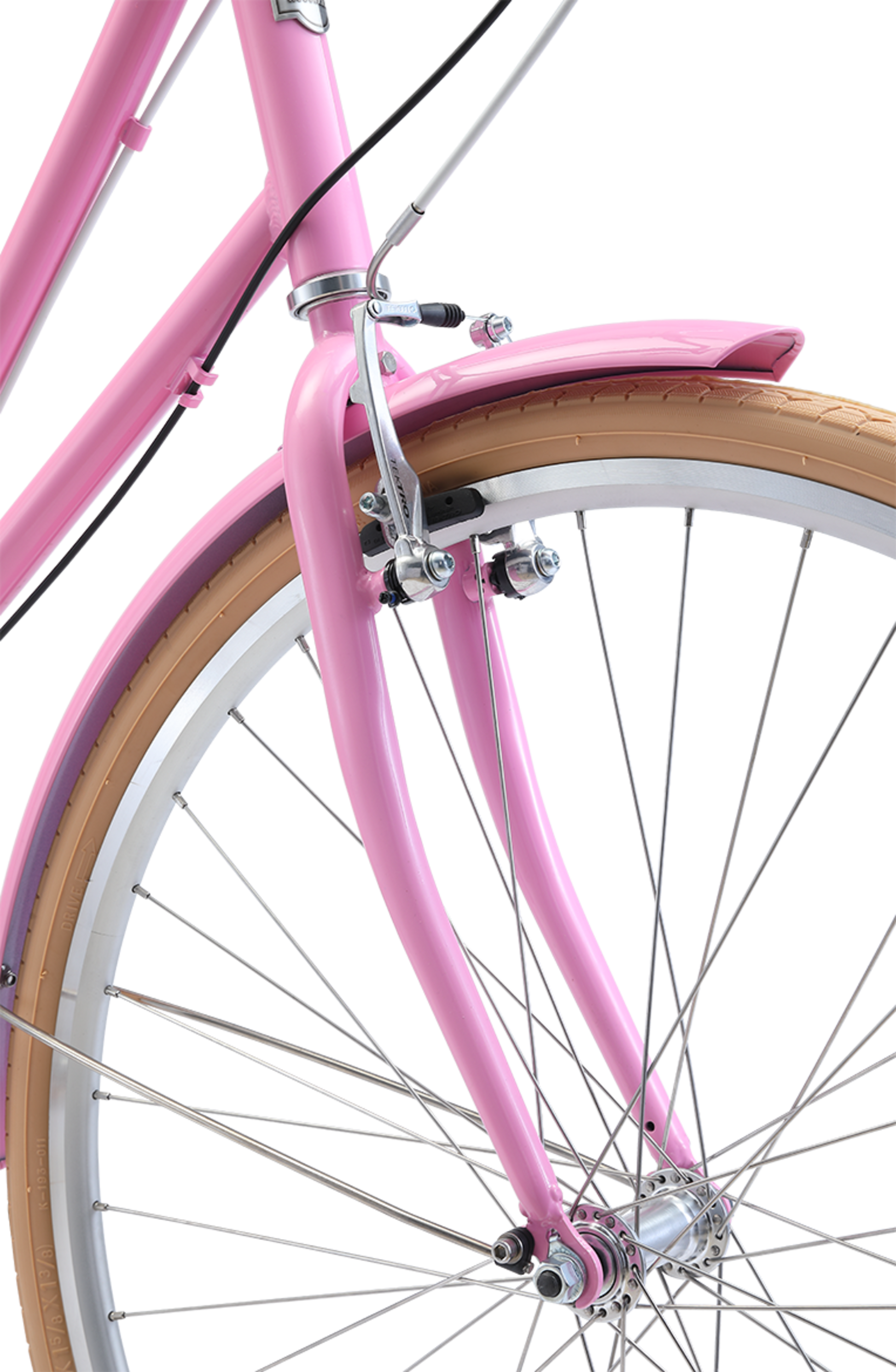 Ladies Deluxe Vintage Bike in Pink showing front Tektro Alloy V-brakes from Reid Cycles Australia