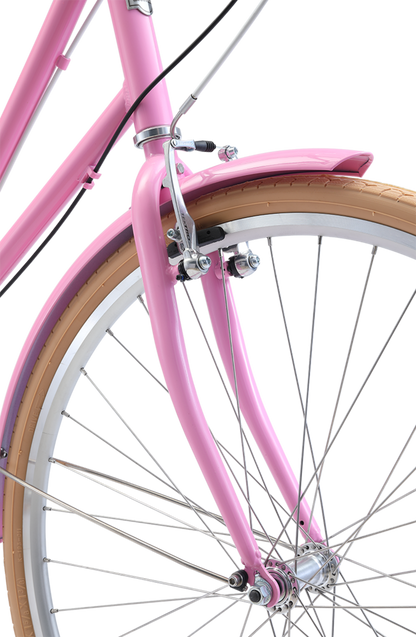 Ladies Deluxe Vintage Bike in Pink showing front Tektro Alloy V-brakes from Reid Cycles Australia