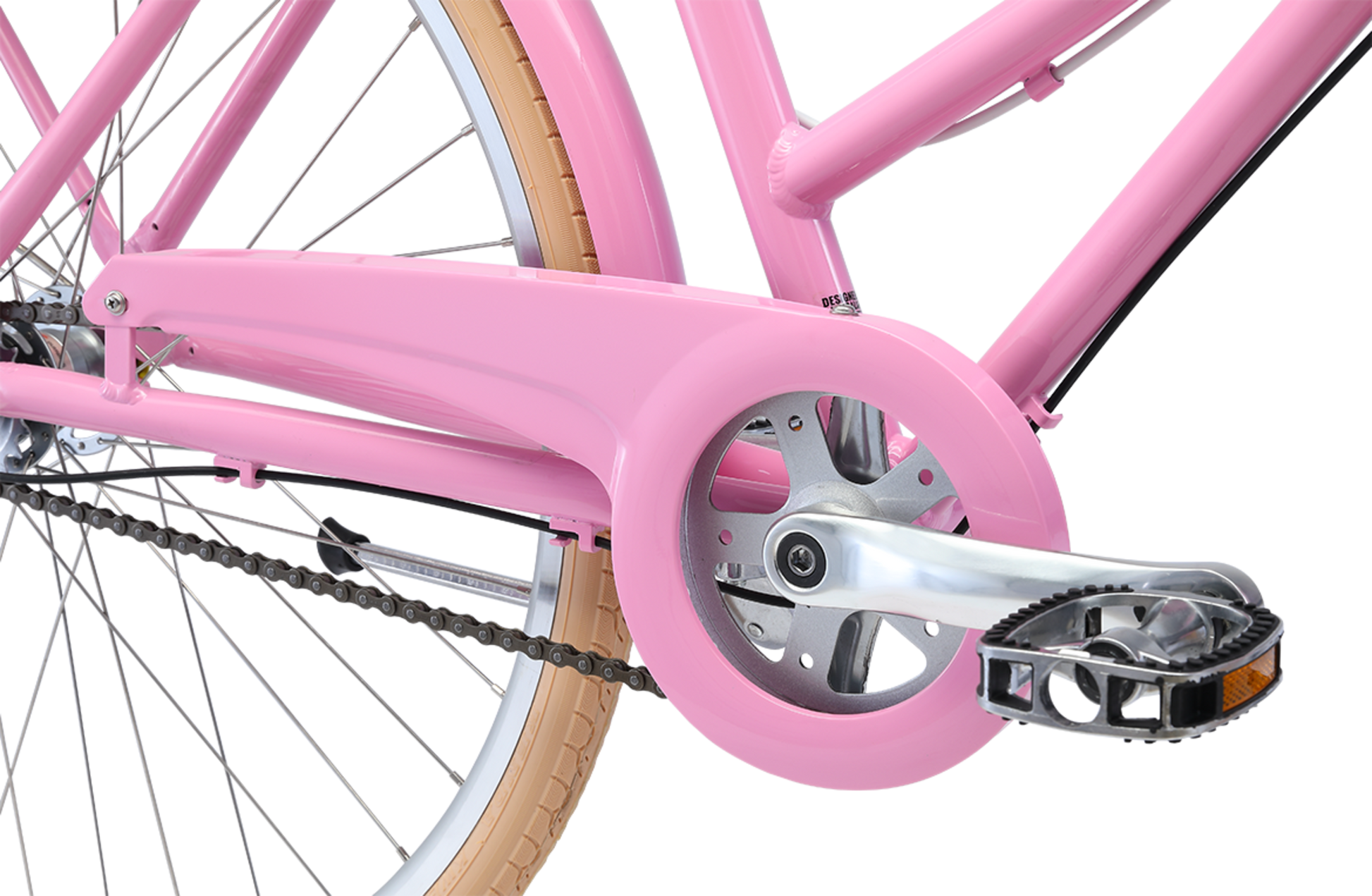 Ladies Deluxe Vintage Bike in Pink showing pedals and drivetrain from Reid Cycles Australia