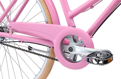 Ladies Deluxe Vintage Bike in Pink showing pedals and drivetrain from Reid Cycles Australia