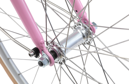 Ladies Deluxe Vintage Bike in Pink showing locked front alloy hubs from Reid Cycles Australia