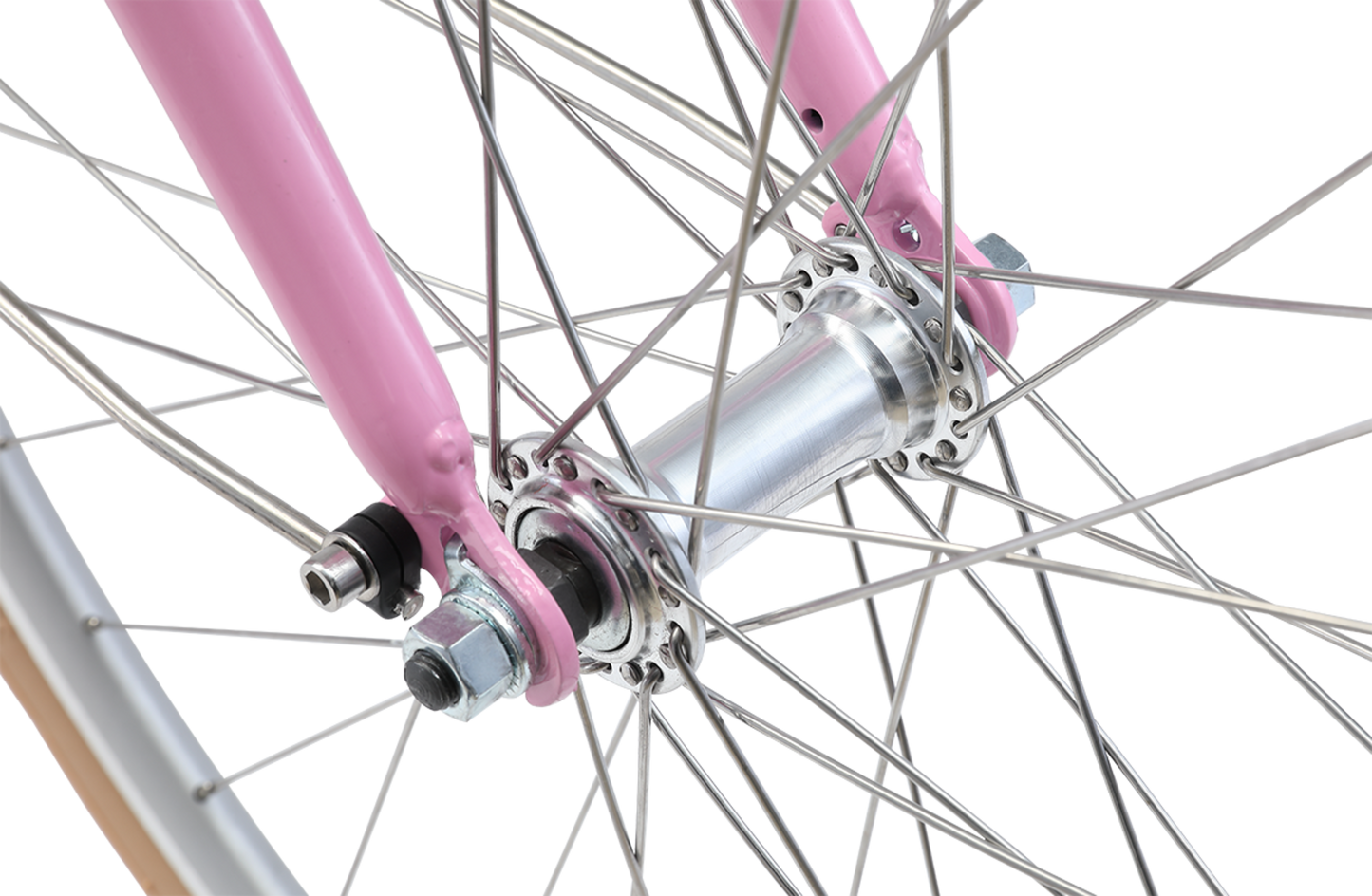 Ladies Deluxe Vintage Bike in Pink showing locked front alloy hubs from Reid Cycles Australia