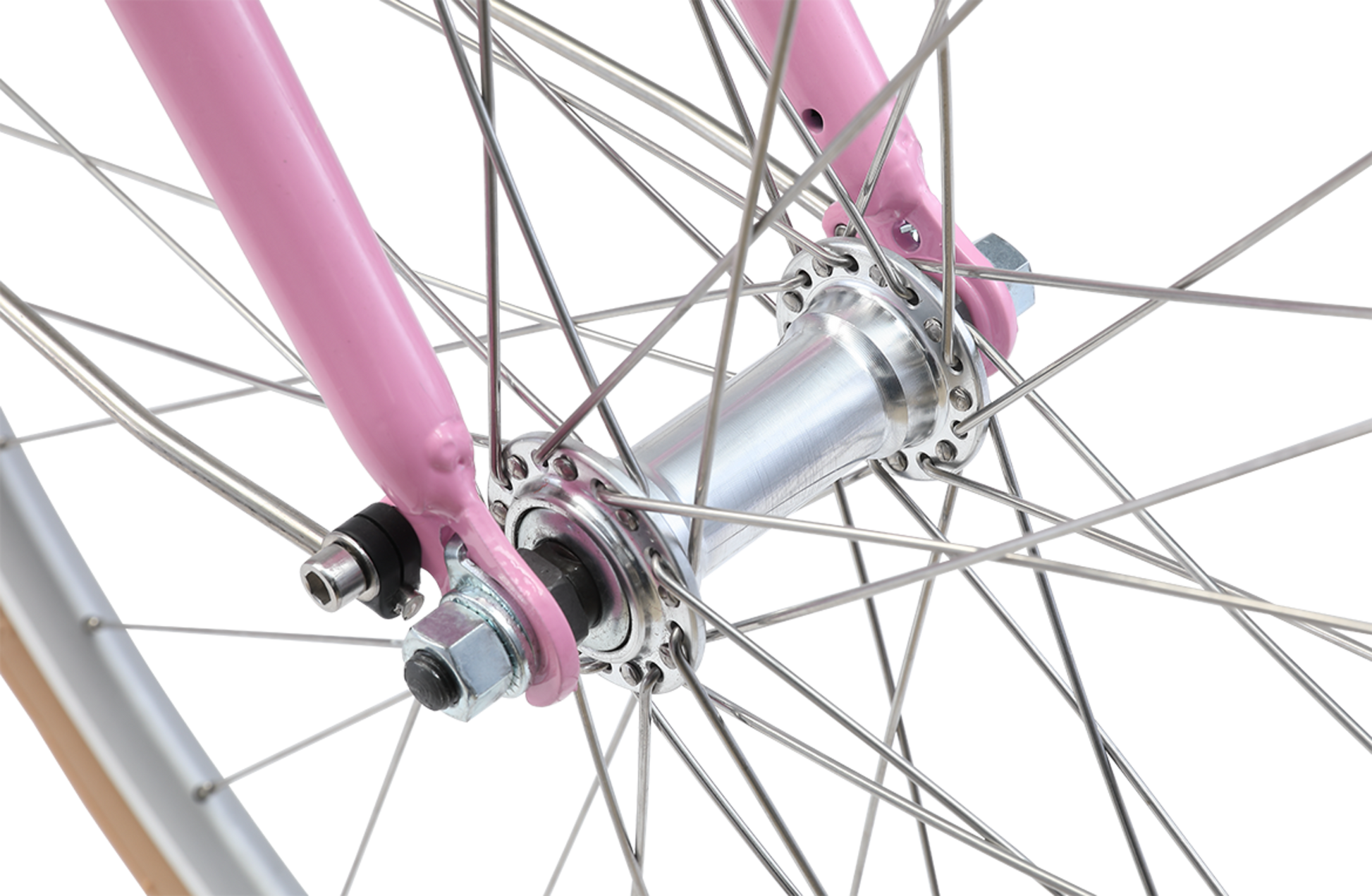 Ladies Deluxe Vintage Bike in Pink showing locked front alloy hubs from Reid Cycles Australia