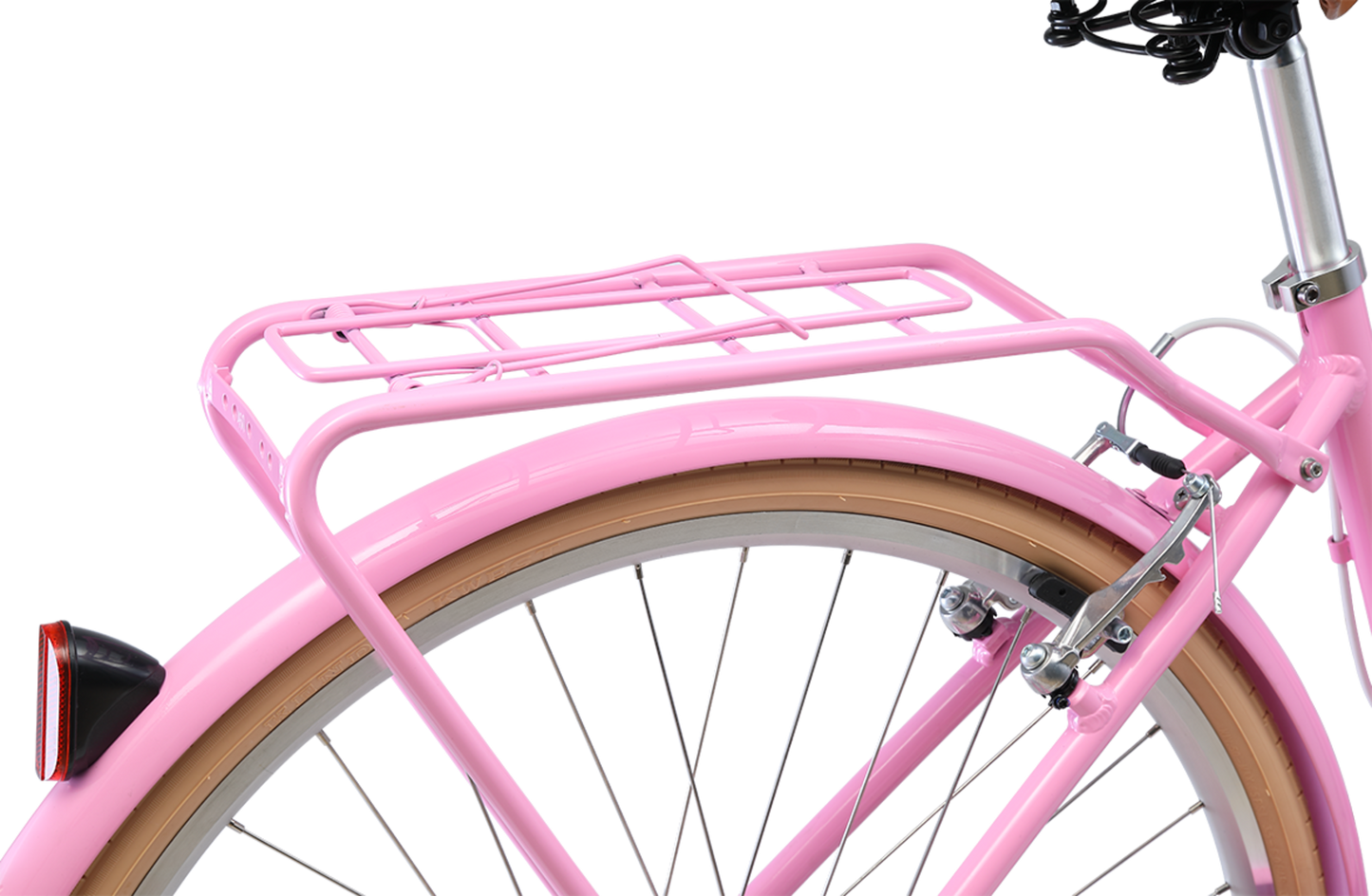 Ladies Deluxe Vintage Bike in Pink showing rear pannier rack from Reid Cycles Australia