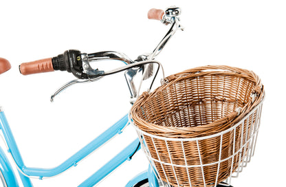 Ladies Lite Vintage Bike in baby blue showing vintage style handlebars with shimano shifters and promax brake levers from Reid Cycles