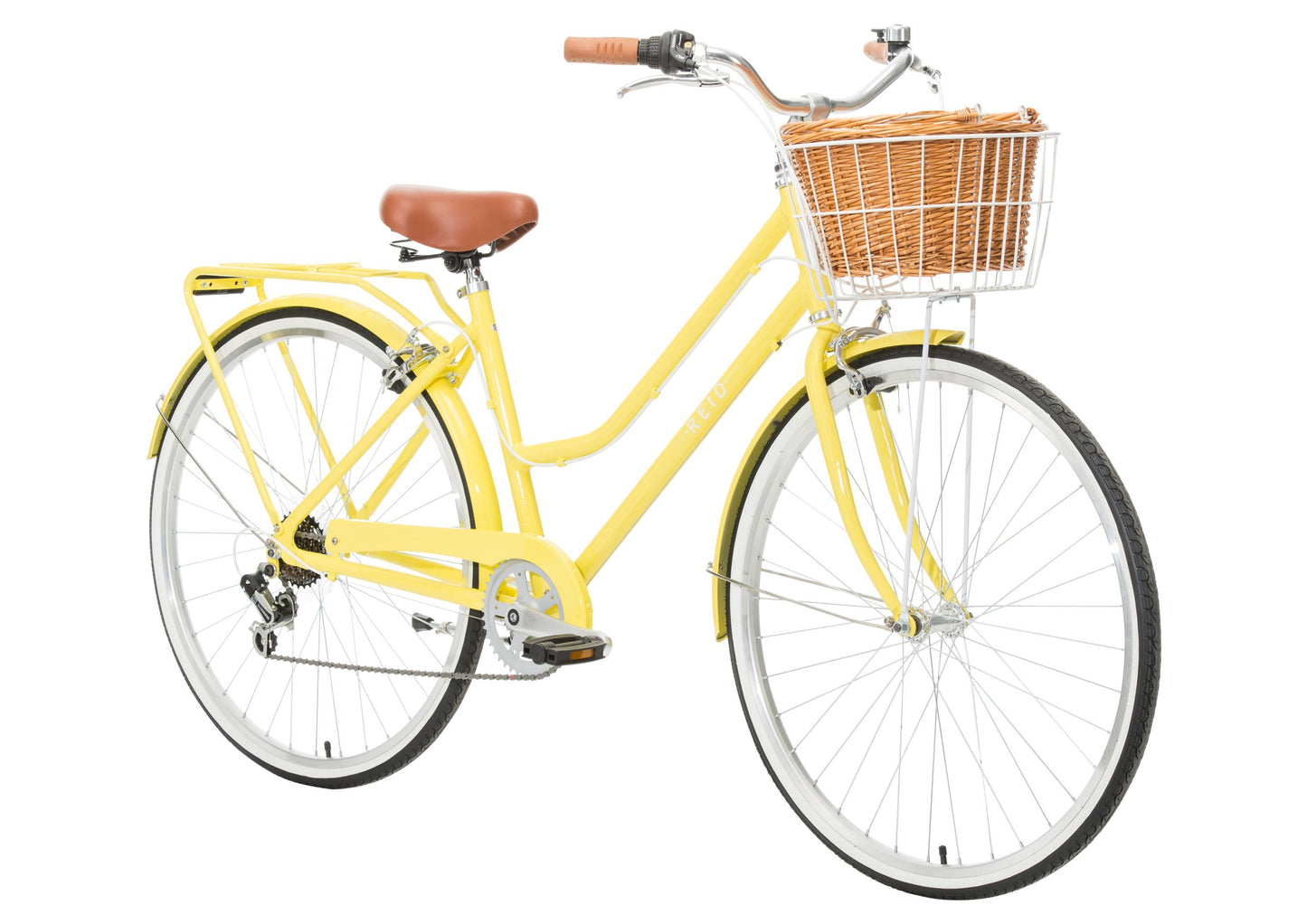 Ladies Lite Vintage Bike in Lemon on front angle with Front wicker backet from Reid Cycles Australia