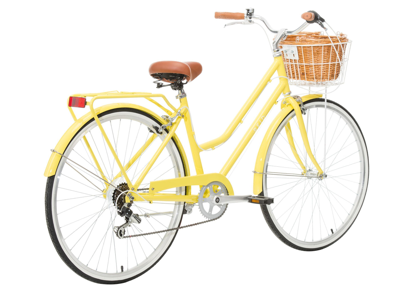 Ladies Lite Vintage Bike in Lemon on rear angle showing pannier rack from Reid Cycles Australia