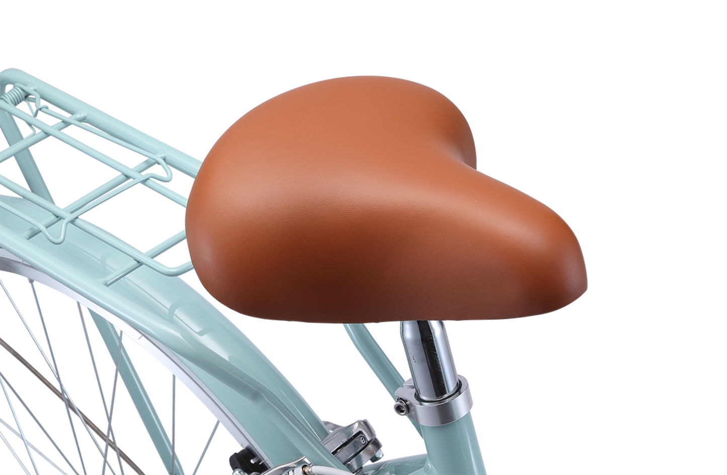 Ladies Lite Vintage Bike in Sage showing comfortable vintage leather style saddle from Reid Cycles Australia