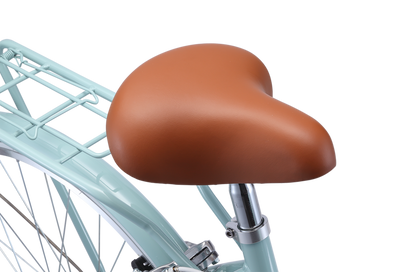 Ladies Lite Vintage Bike in Sage showing comfortable vintage leather style saddle from Reid Cycles Australia