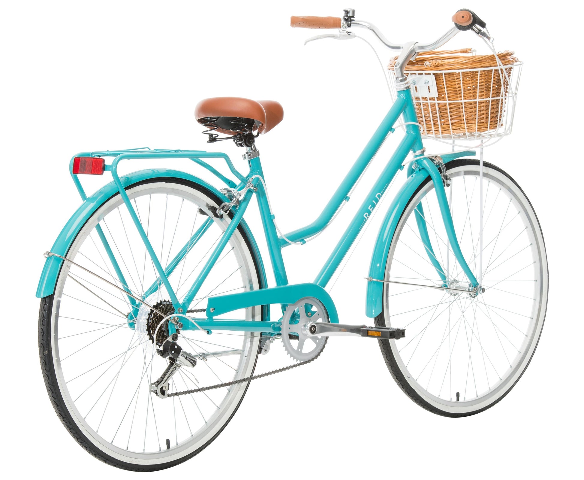 Ladies Lite Vintage Bike in Turquoise on rear angle featuring rear pannier rack from Reid Cycles Australia