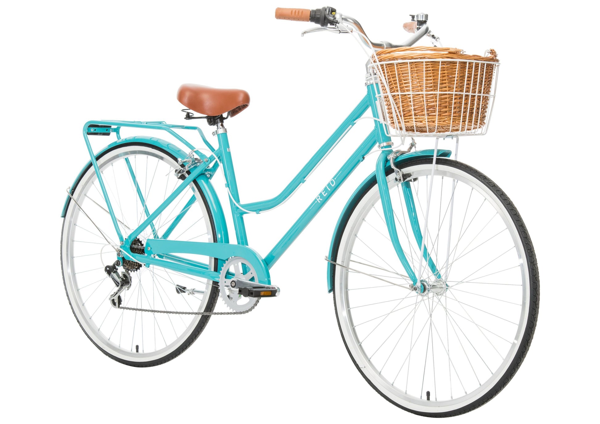 Ladies Lite Vintage Bike in Turquoise on front angle featuring front wicker basket from Reid Cycles Australia