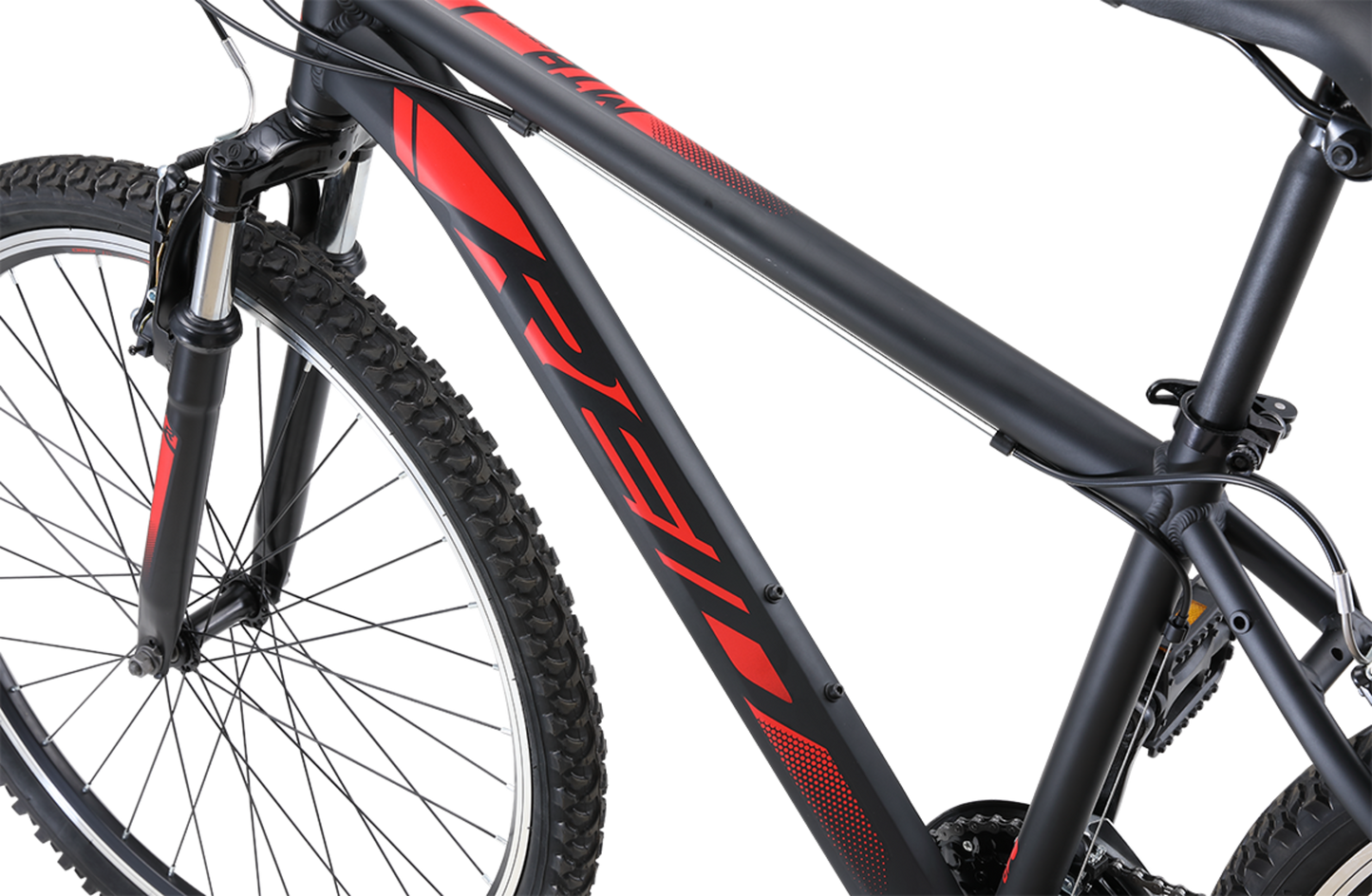 MTB Sport Mountain Bike in Black showing MTB bike frame geometry from Reid Cycles Australia