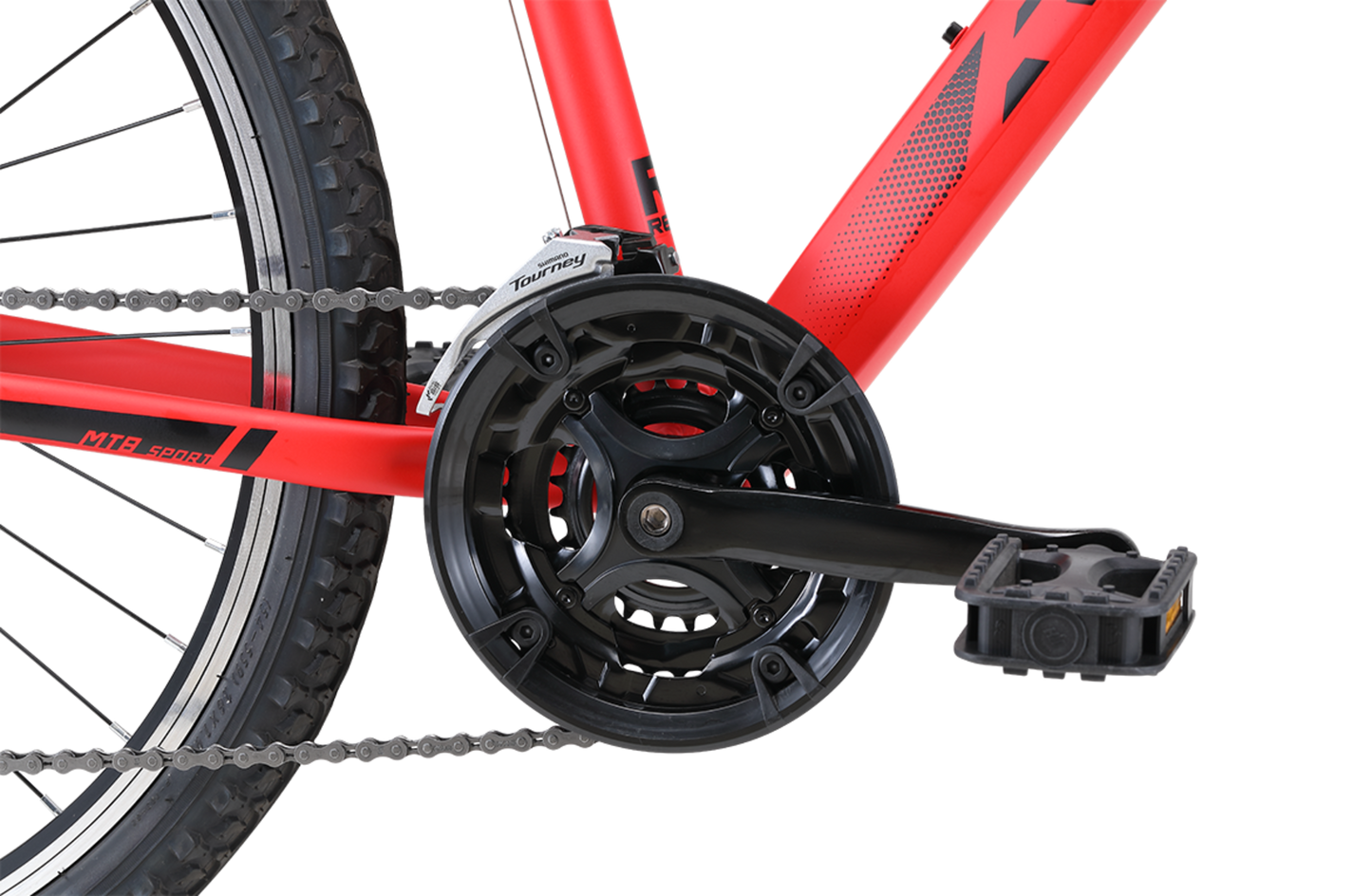 MTB Sport Mountain Bike in Red showing drivetrain and pedal from Reid Cycles Australia