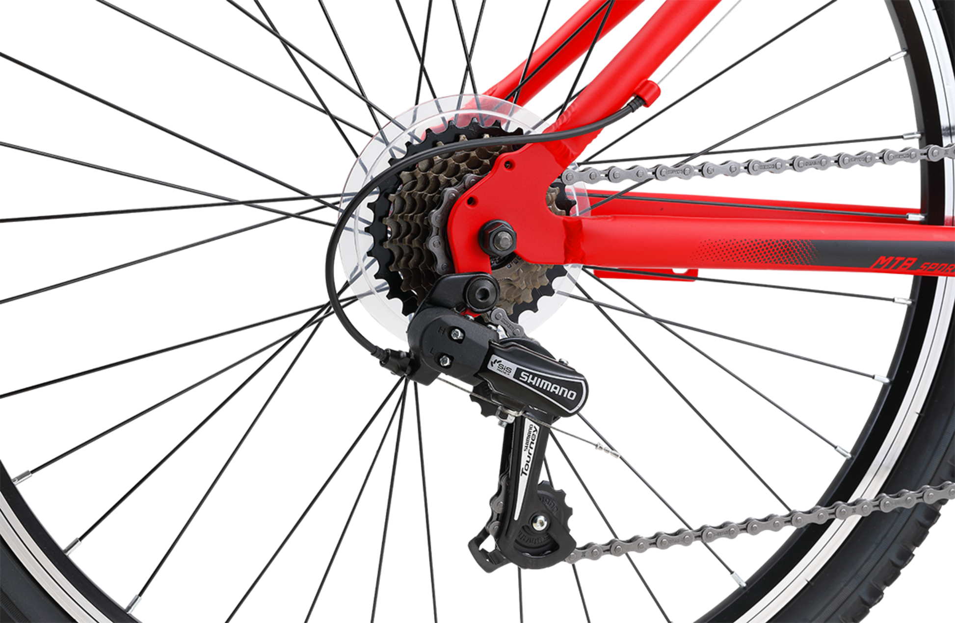 MTB Sport Mountain Bike in Red showing  Shimano 7-speed rear derailleur from Reid Cycles Australia 