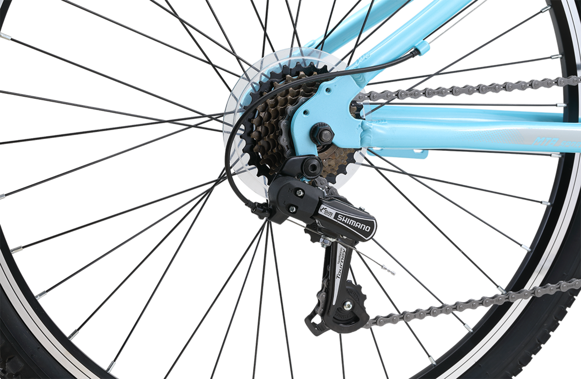 MTB Sport WSD Mountain Bike in Light Blue showing Shimano 7-speeding rear derailleur from Reid Cycles Australia 