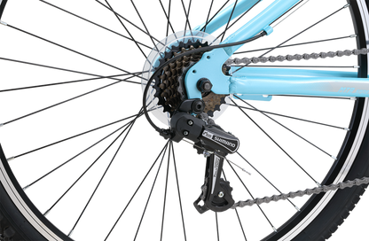 MTB Sport WSD Mountain Bike in Light Blue showing Shimano 7-speeding rear derailleur from Reid Cycles Australia 