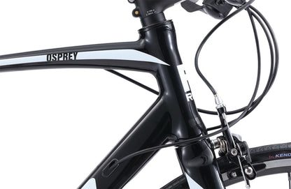 Osprey Flatbar Road Bike in Black showing Reid and Osprey logo on downtube from Reid Cycles Australia 