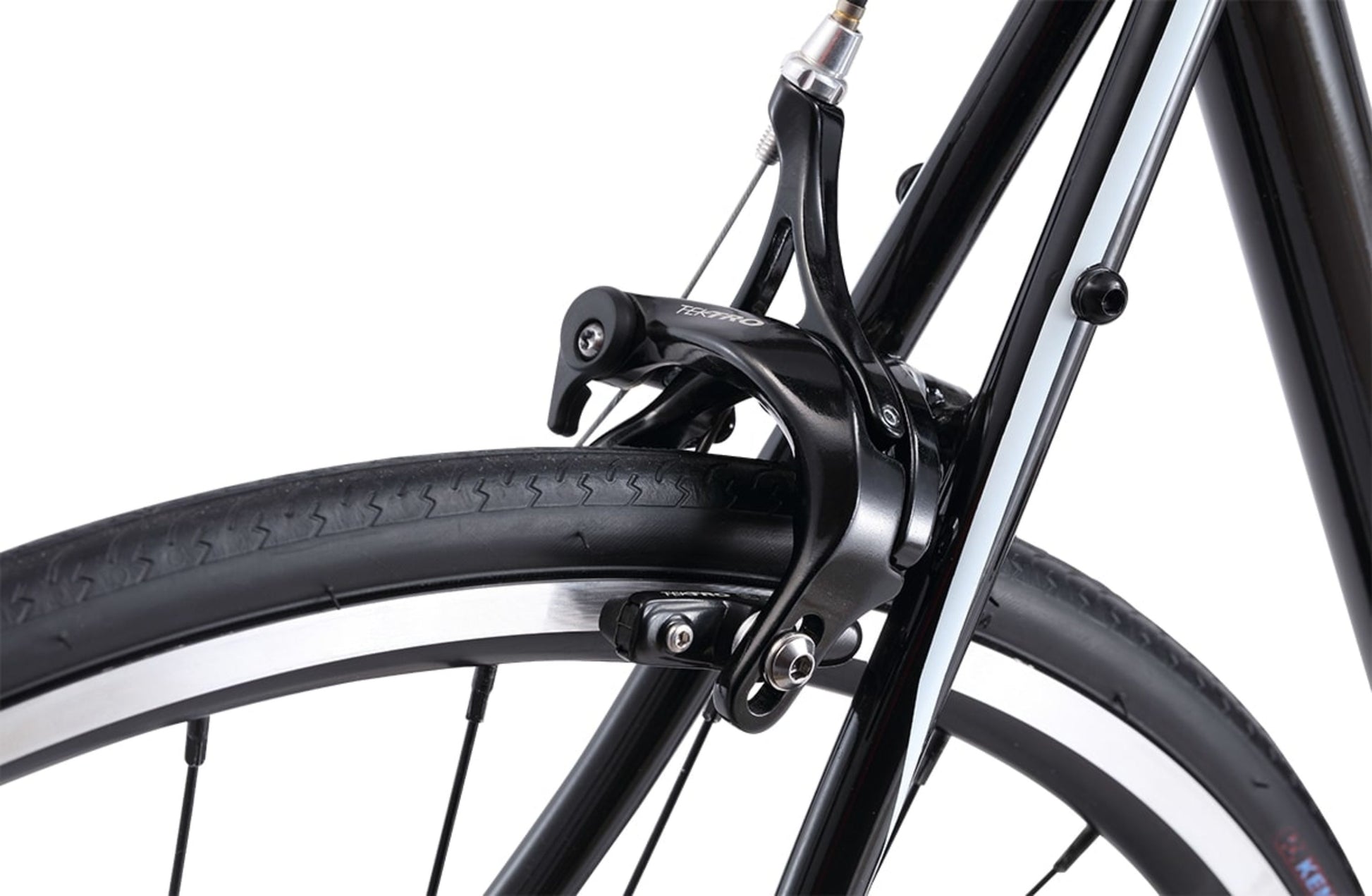 Osprey Flatbar Road Bike in Black showing rear Tekro dual pivot caliper brakes from Reid Cycles Australia