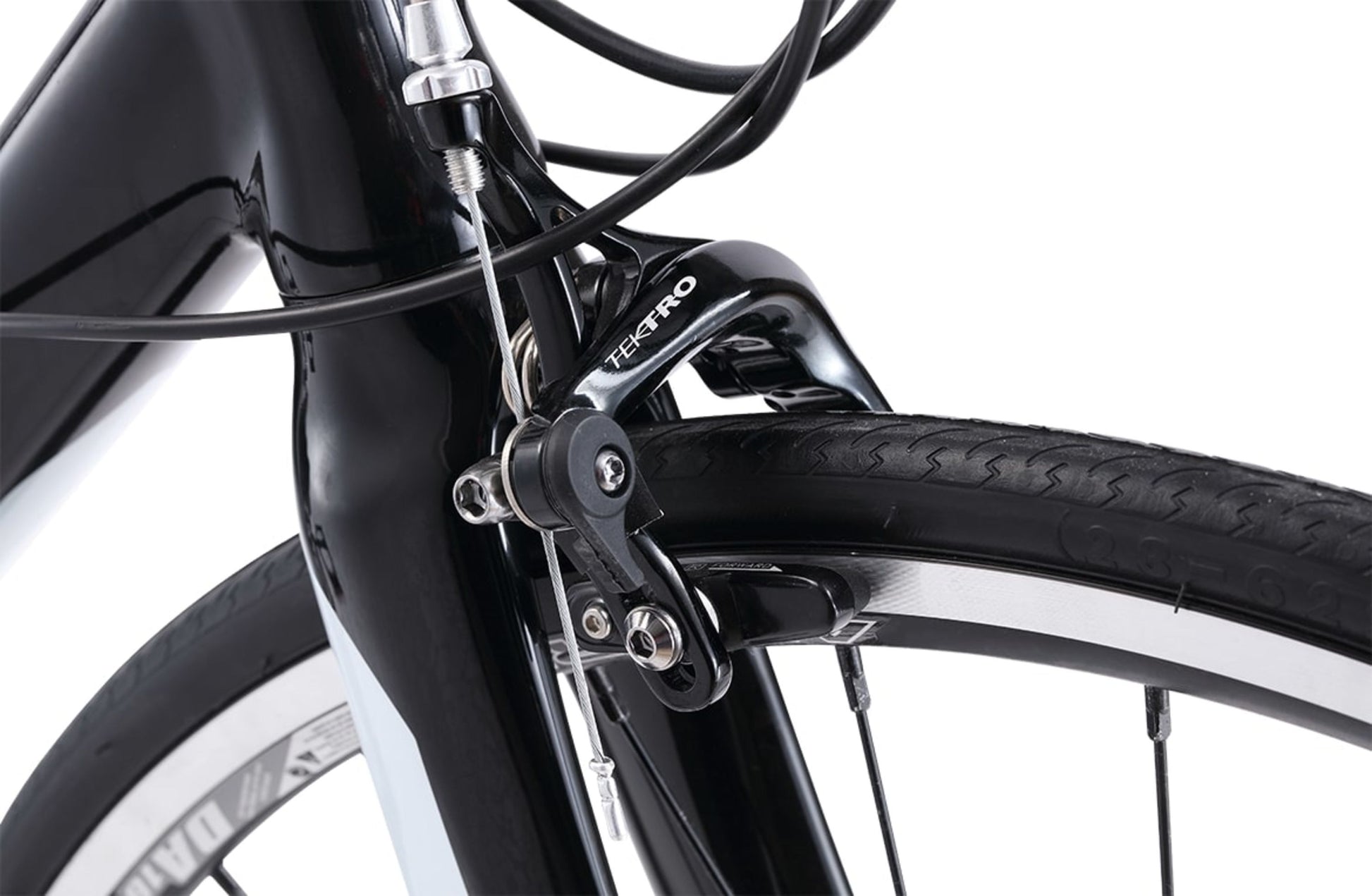 Osprey Flatbar Road Bike in Black showing front Tekro dual pivot caliper brakes from Reid Cycles Australia