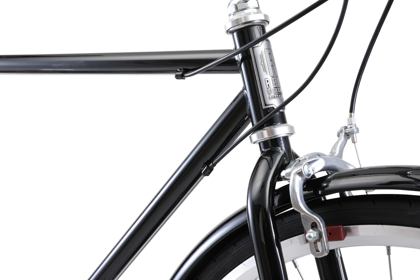 Roadster Vintage Bike in Black showing Reid emblem on front tube from Reid Cycles Australia