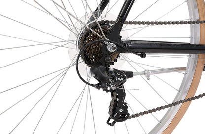 Roller Superlite Vintage Bike in Metallic Black showing Shimano 7-speed rear derailleur from Reid Cycles Australia