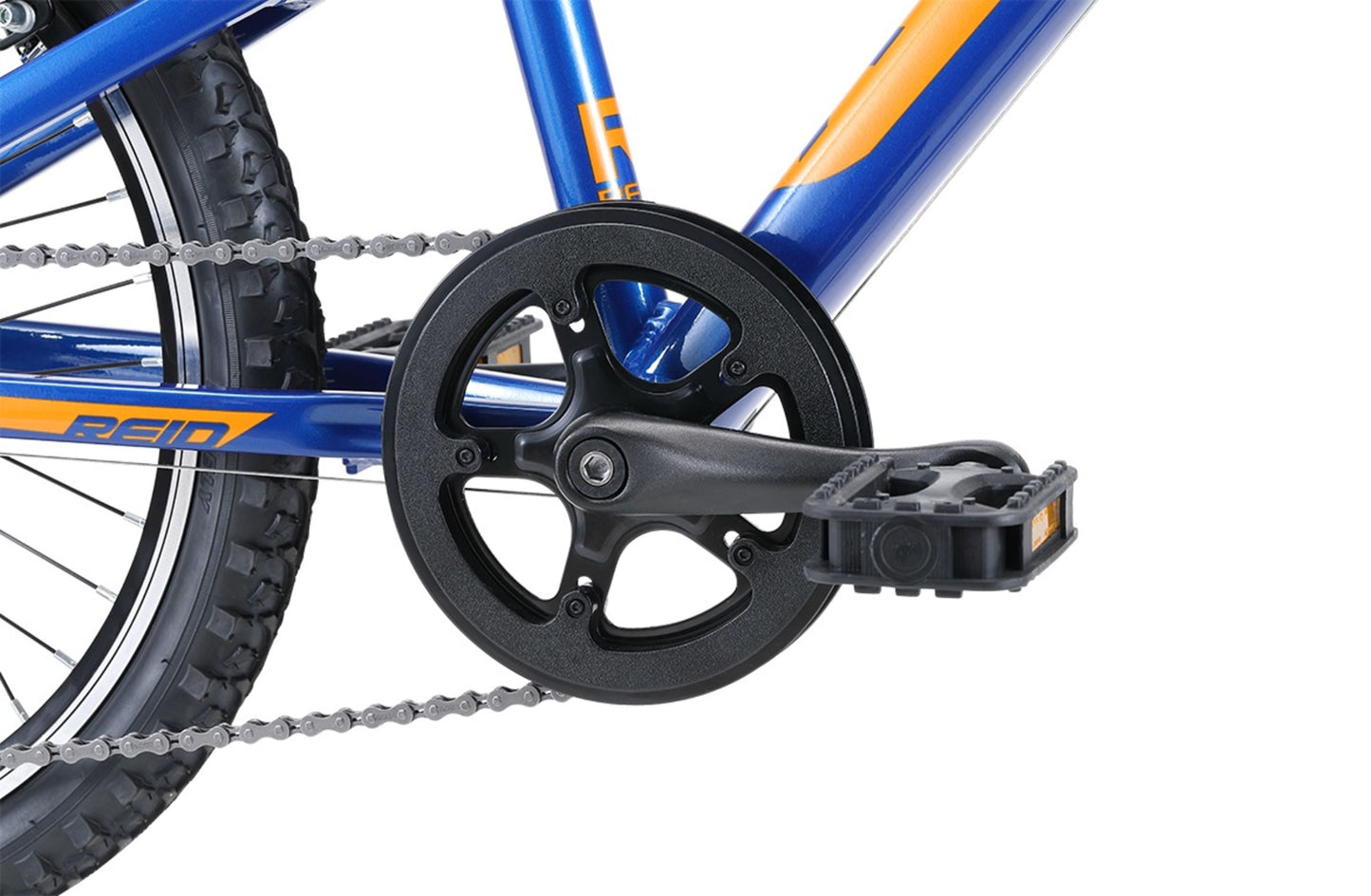 Scout 20" Kids Bike in Blue Orange showing drivetrain and pedal from Reid Cycles Australia 