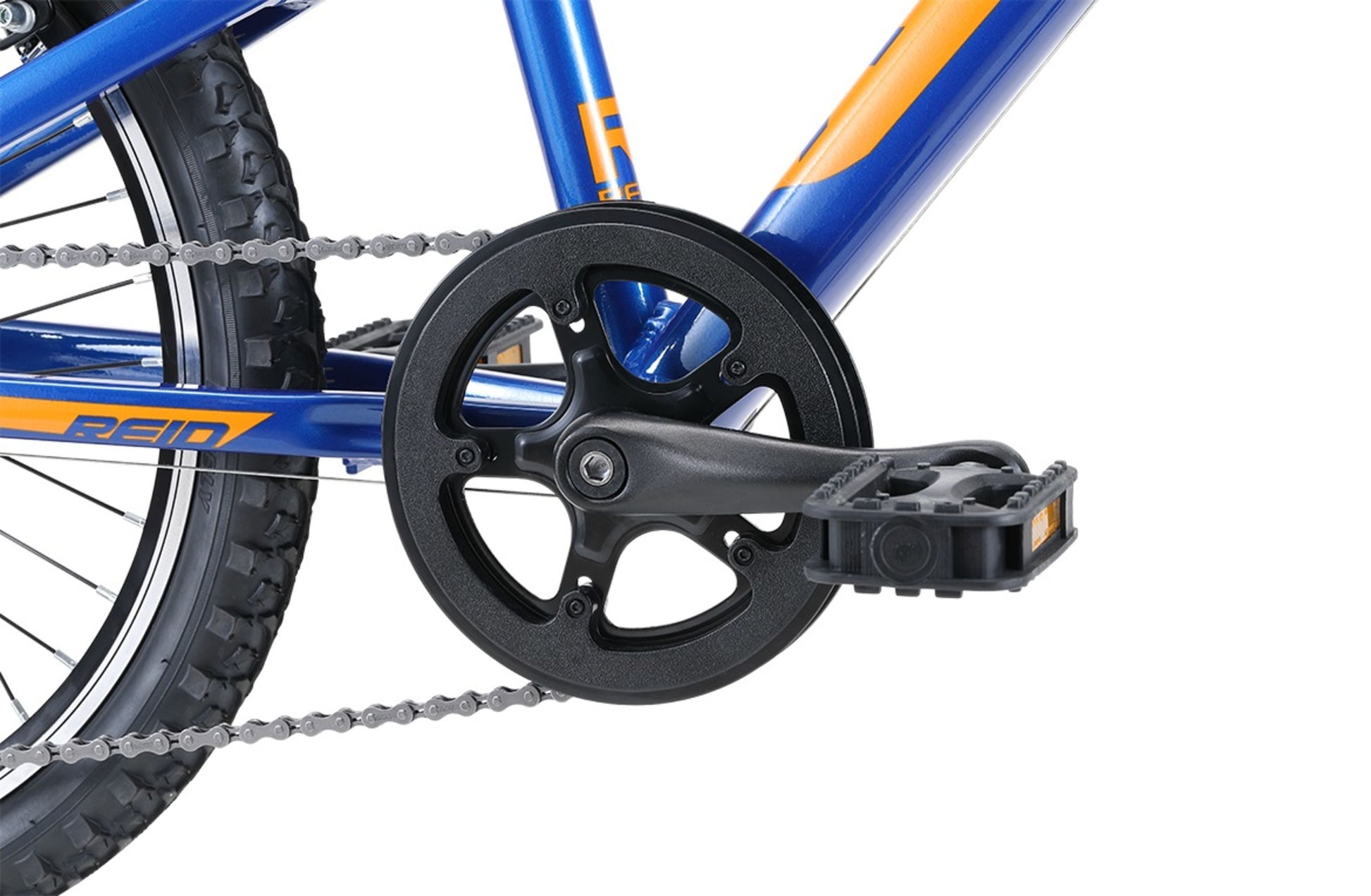 Scout 20" Kids Bike in Blue Orange showing drivetrain and pedal from Reid Cycles Australia 