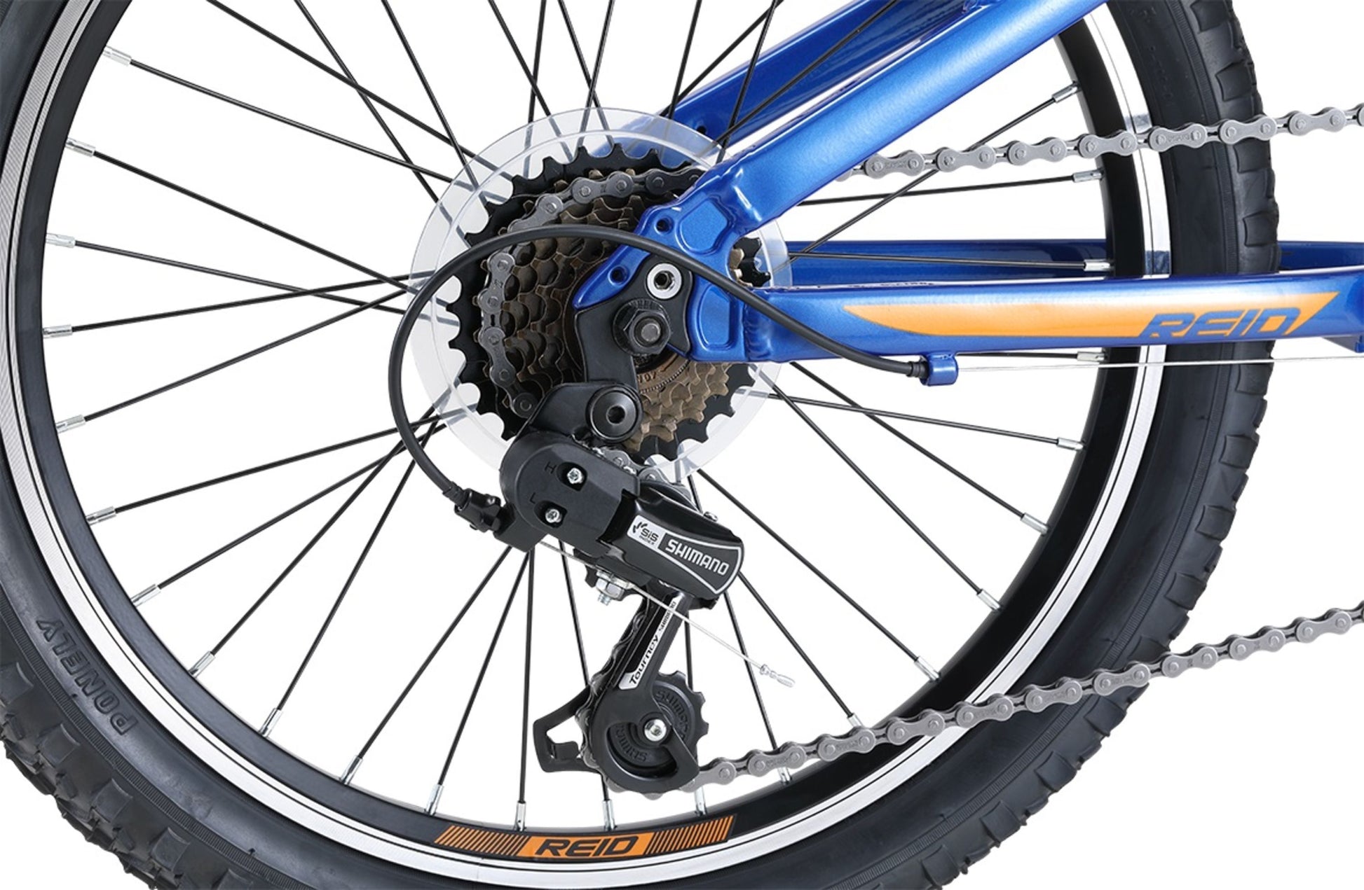 Scout 20" Kids Bike in Blue Orange showing Shimano 7-speed rear derailleur from Reid Cycles Australia 