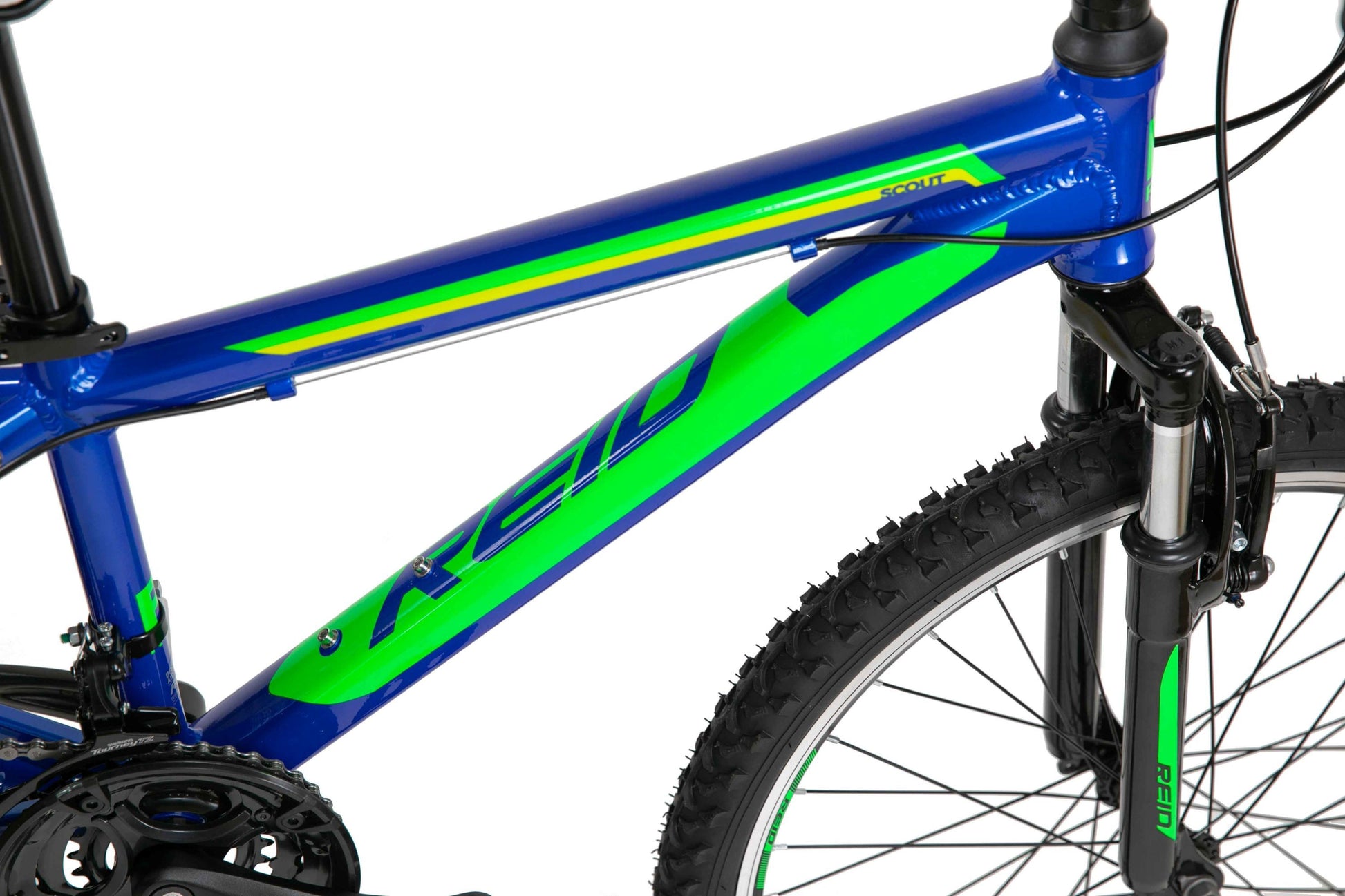 Scout 24" Kids Bike in Blue Green showing MTB style bike frame from Reid Cycles Australia 