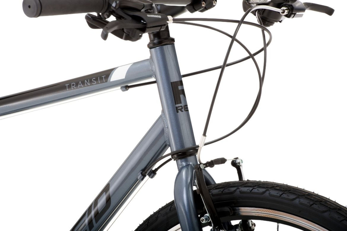 Transit Hybrid Commuter Bike in Grey showing Reid logo on bike frame from Reid Cycles Australia 