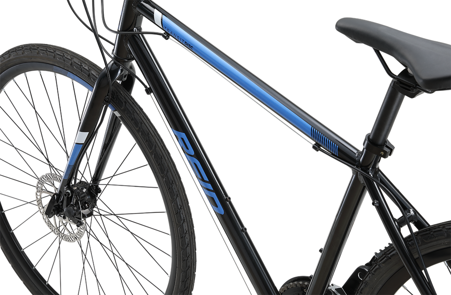 Transit Disc commuter bike in black showing Reid logo on hybrid bike frame from Reid Cycles Australia 