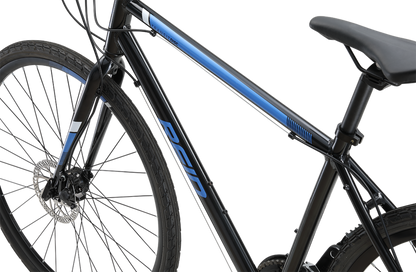 Transit Disc commuter bike in black showing Reid logo on hybrid bike frame from Reid Cycles Australia 