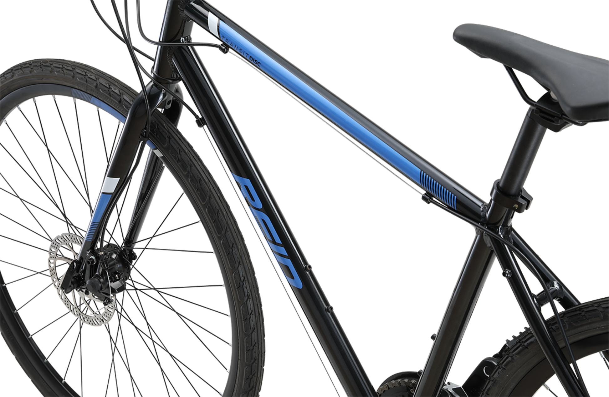 Transit Disc commuter bike in black showing Reid logo on hybrid bike frame from Reid Cycles Australia 