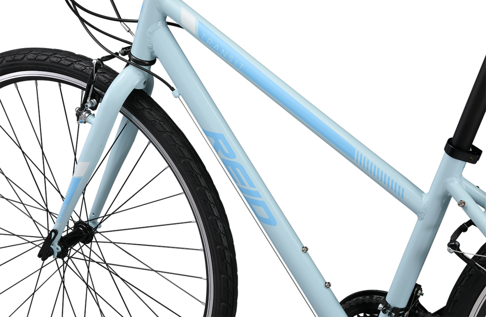 Transit WSD women's commuter bike in baby blue showing Reid logo on bike frame from Reid Cycles Australia