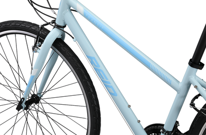 Transit WSD women's commuter bike in baby blue showing Reid logo on bike frame from Reid Cycles Australia