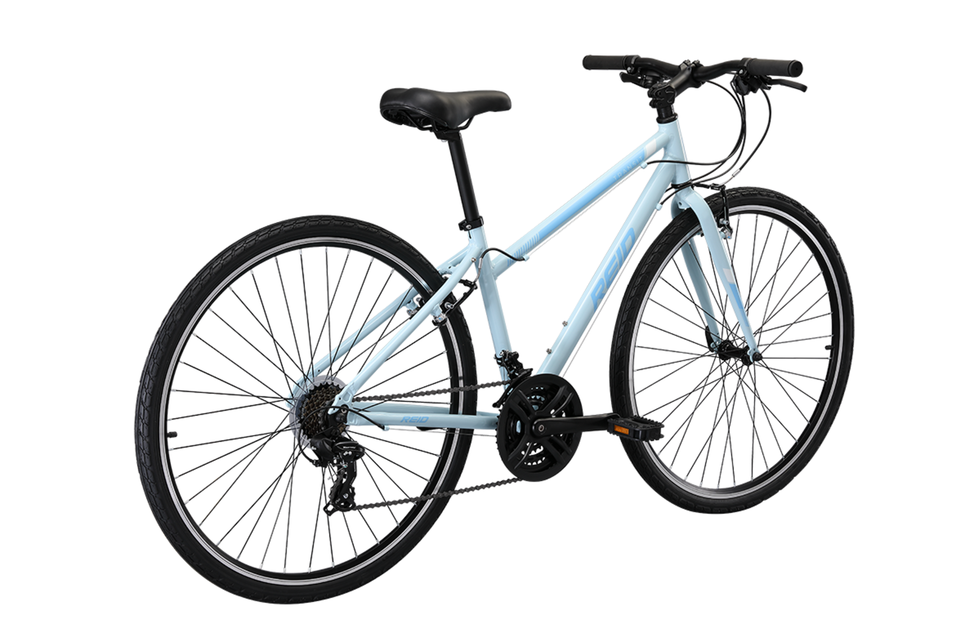 Transit WSD women's commuter bike in baby blue on rear angle from Reid Cycles Australia 