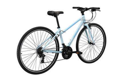 Transit WSD women's commuter bike in baby blue on rear angle from Reid Cycles Australia 