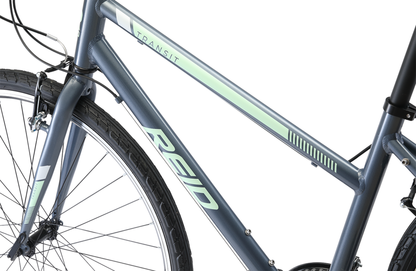 Transit WSD Grey women's commuter bike in grey showing Reid logo on bike frame from Reid Cycles Australia