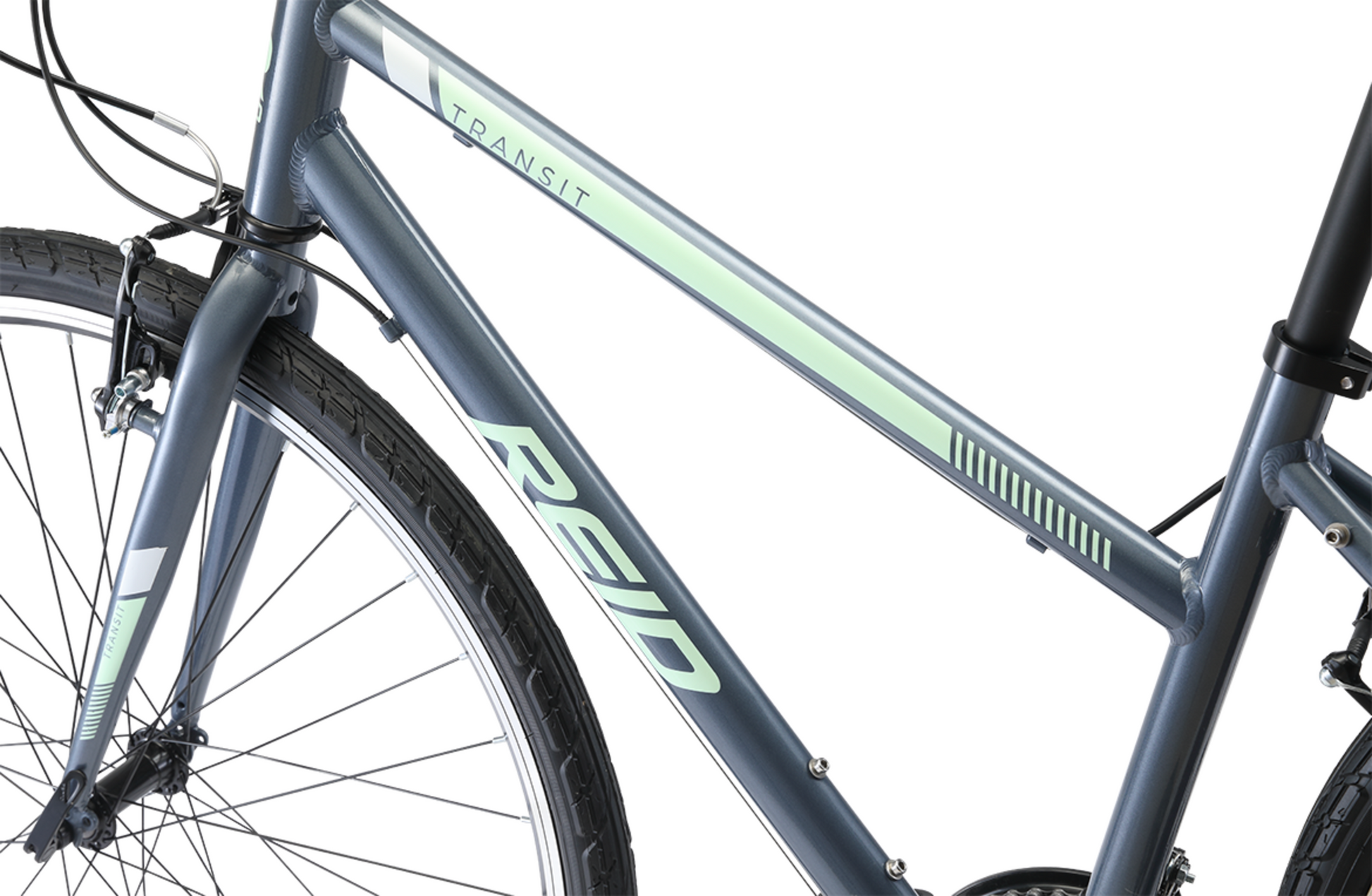 Transit WSD Grey women's commuter bike in grey showing Reid logo on bike frame from Reid Cycles Australia