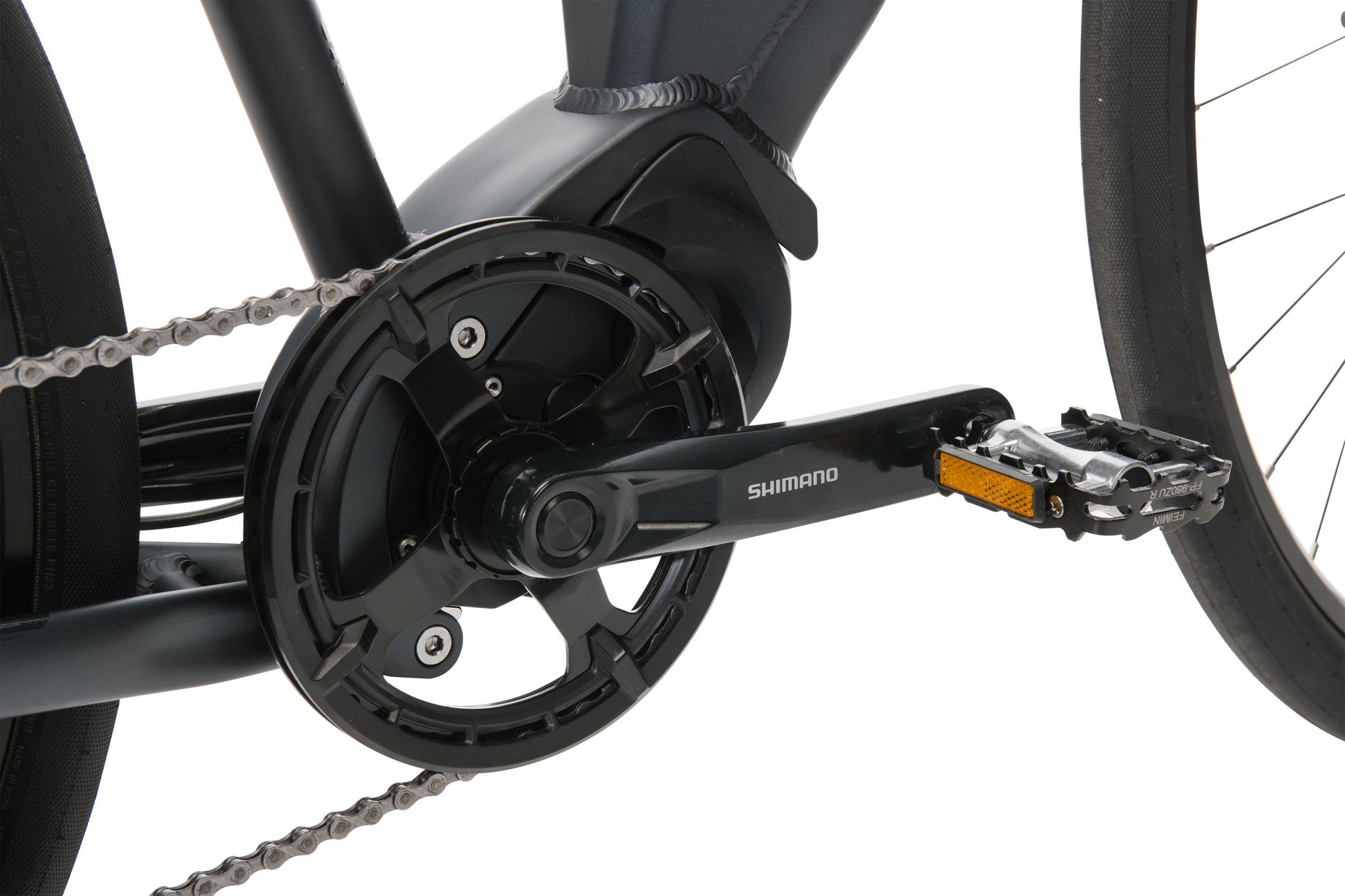 Urban+ Electric Bike in Black showing drivetrain and pedal from Reid Cycles Australia 