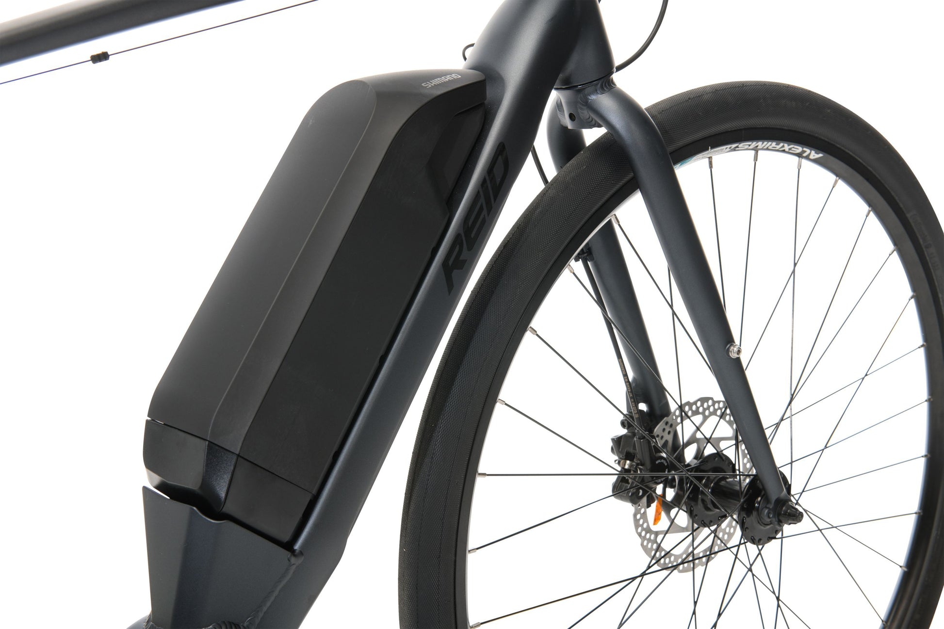 Urban+ Electric Bike in Black showing battery on bike frame from Reid Cycles Australia 