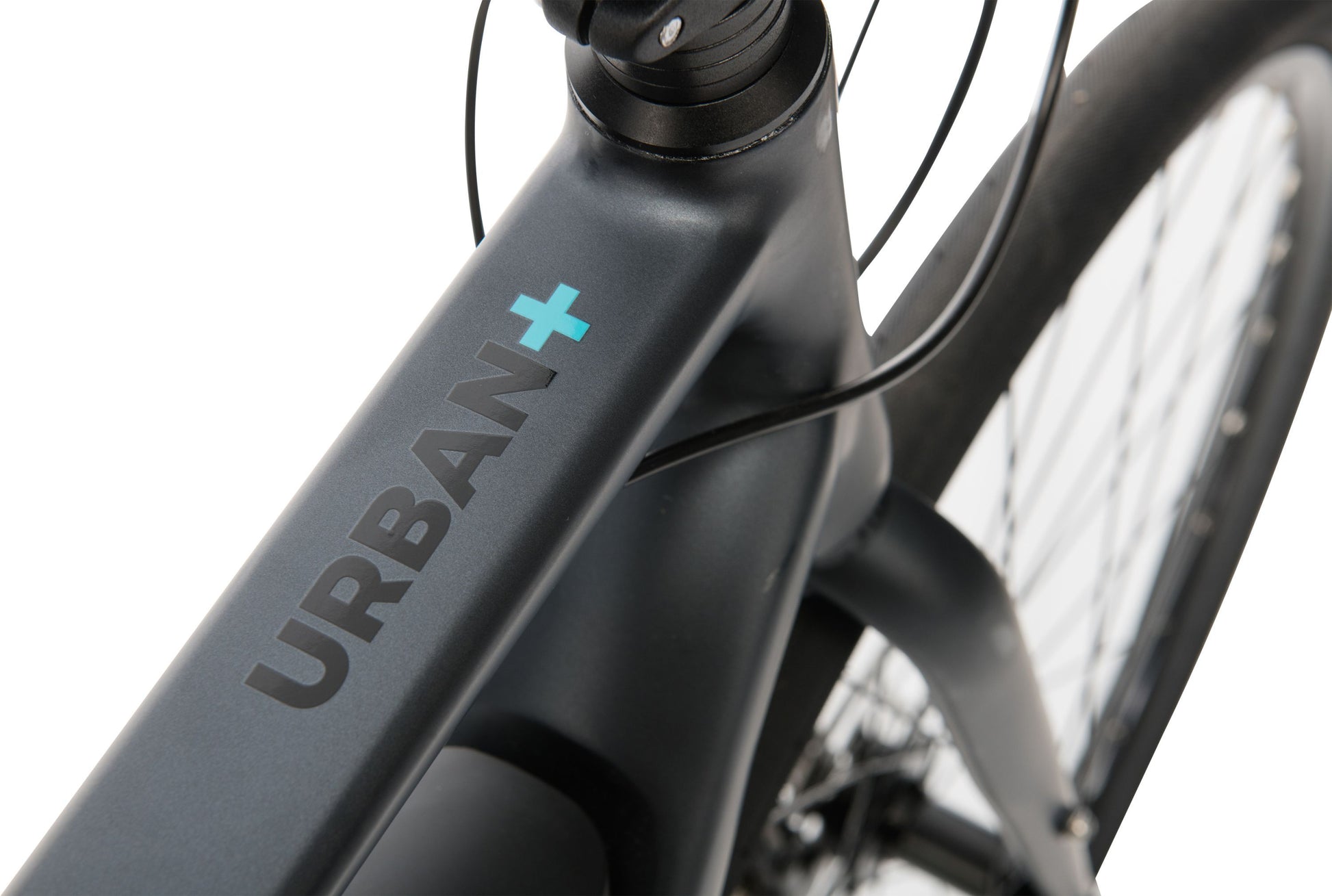 Urban+ Electric Bike in Black showing urban+ logo on bike frame from Reid Cycles Australia
