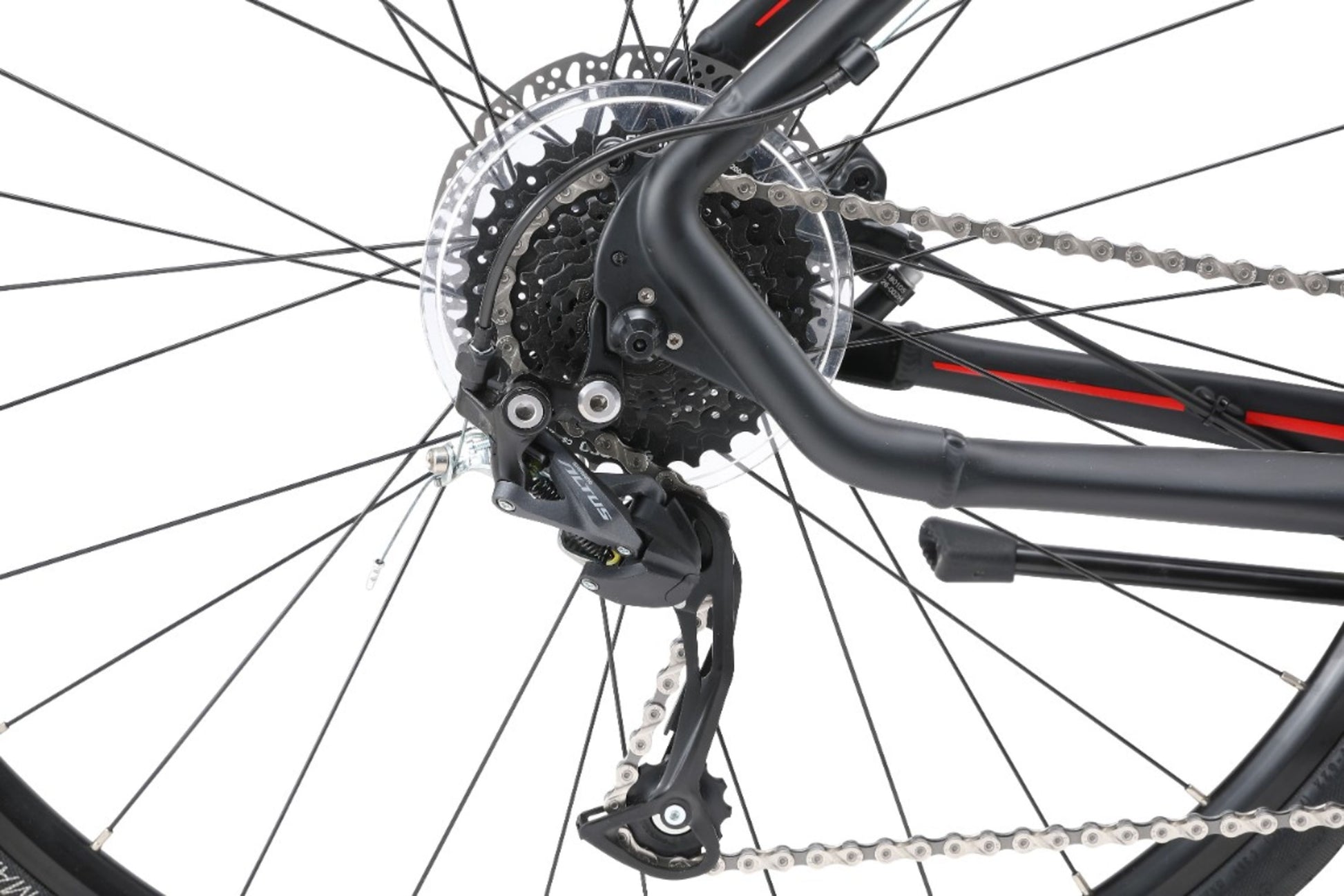 Urban X2 Hybrid Bike in Black showing Shimano 9-speed rear derailleur from Reid Cycles Australia