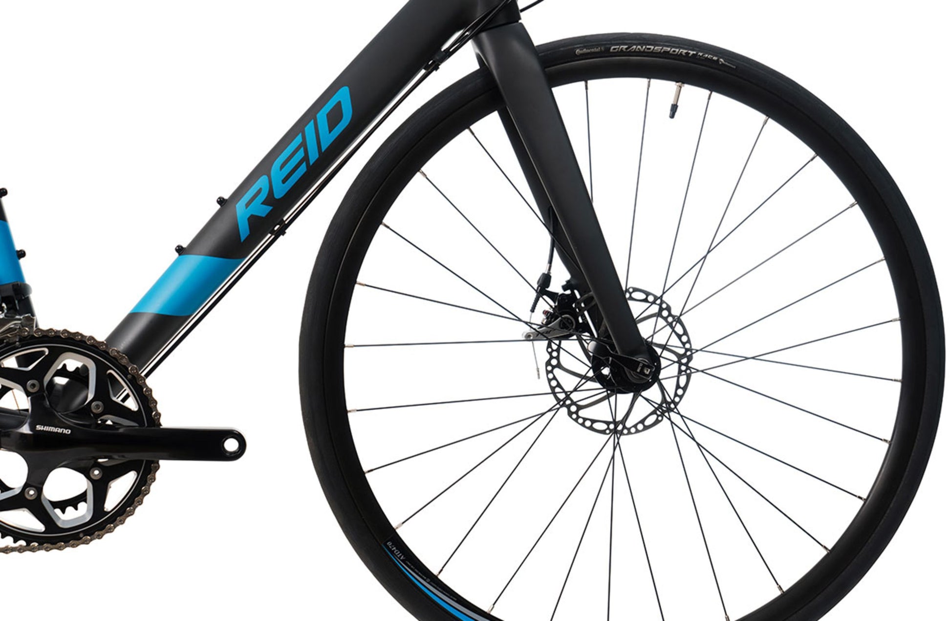 Vantage Endurance 2.0 Road Bike in Matte Black showing Continental Race Road Bike tyre from Reid Cycles Australia 