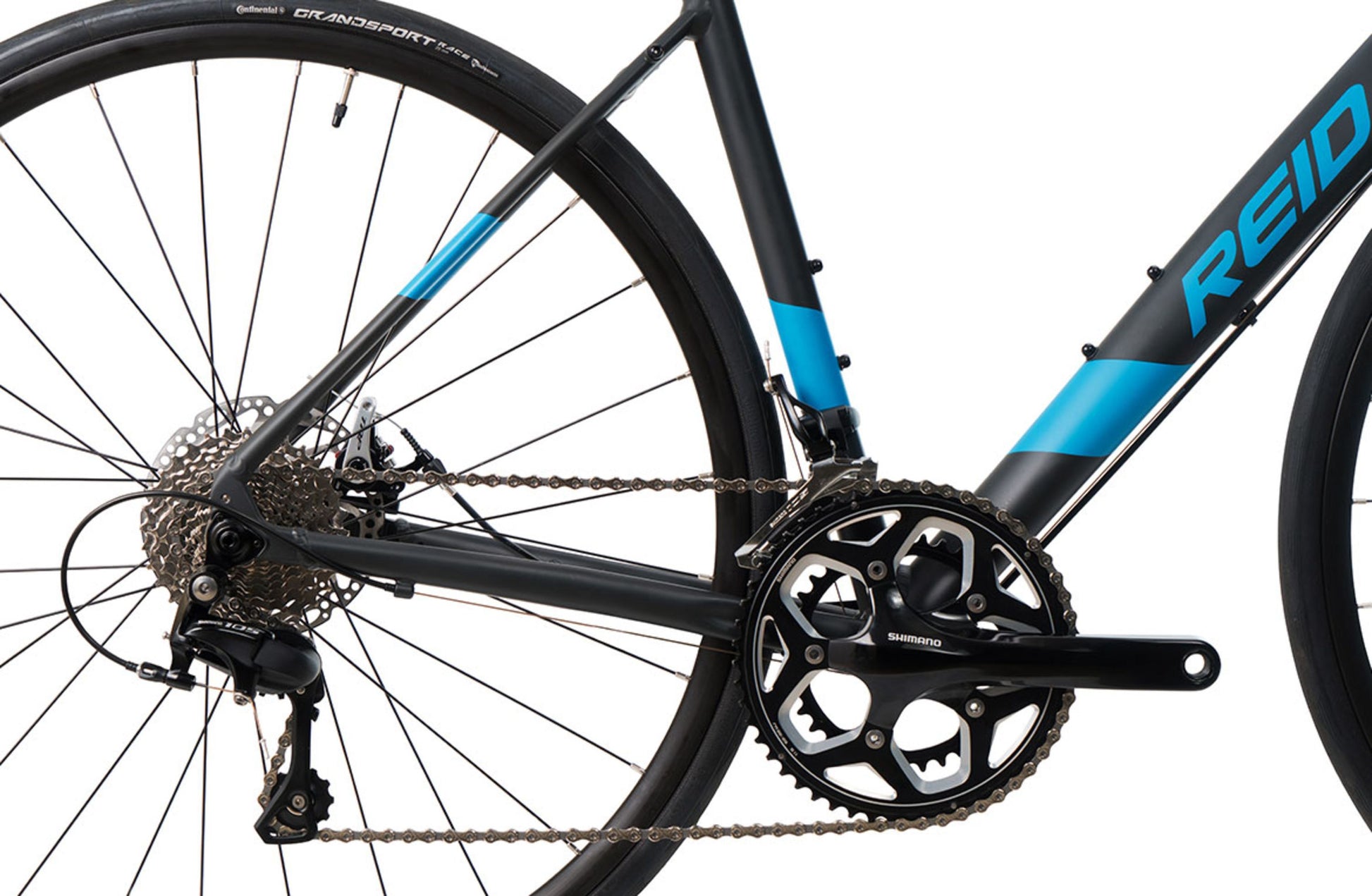 Vantage Endurance 2.0 Road Bike in Matte Black showing drivetrain and pedal from Reid Cycles Australia