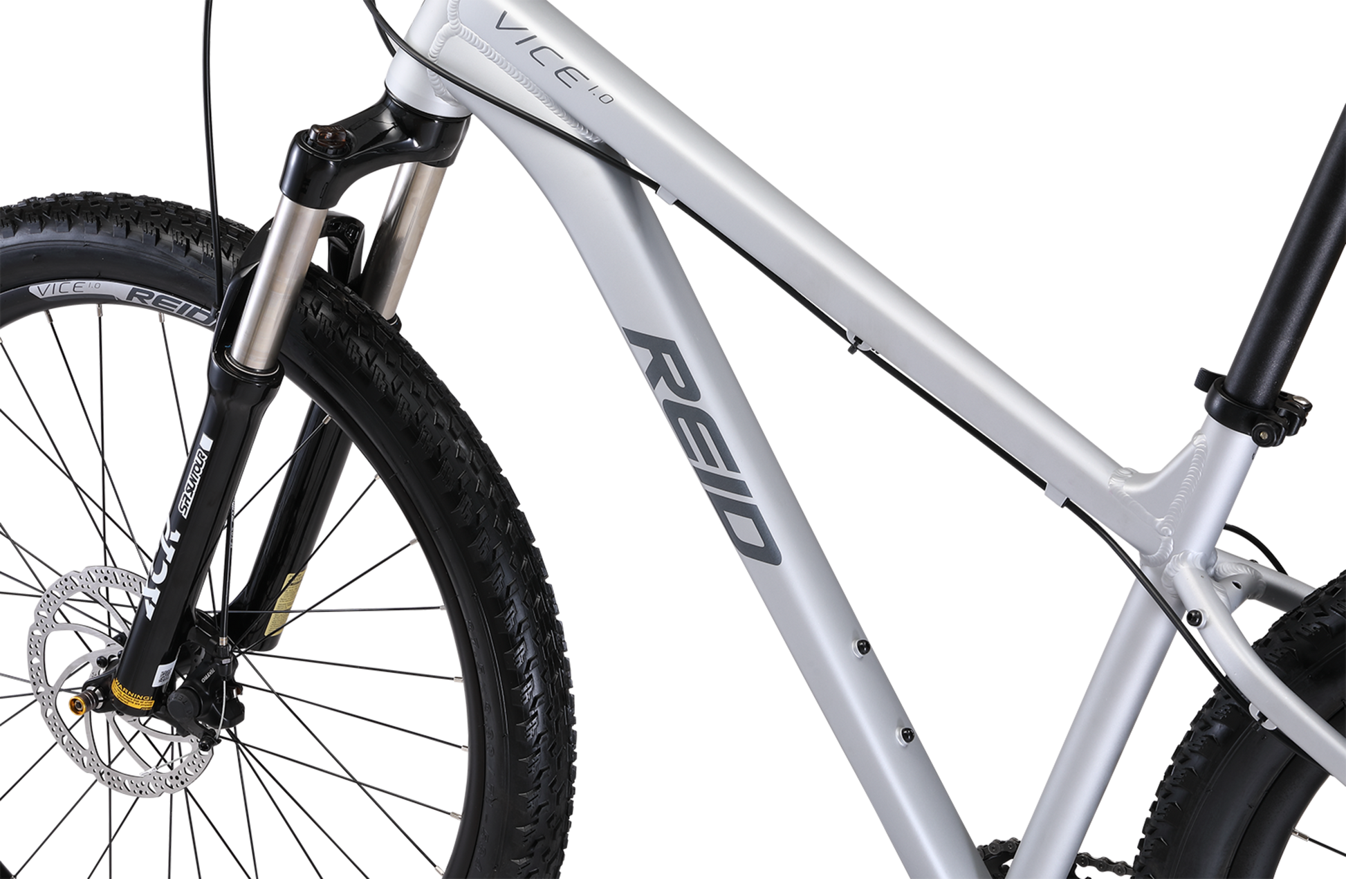 Vice 1.0 Mountain Bike in Grey showing MTB bike frame geometry from Reid Cycles Australia