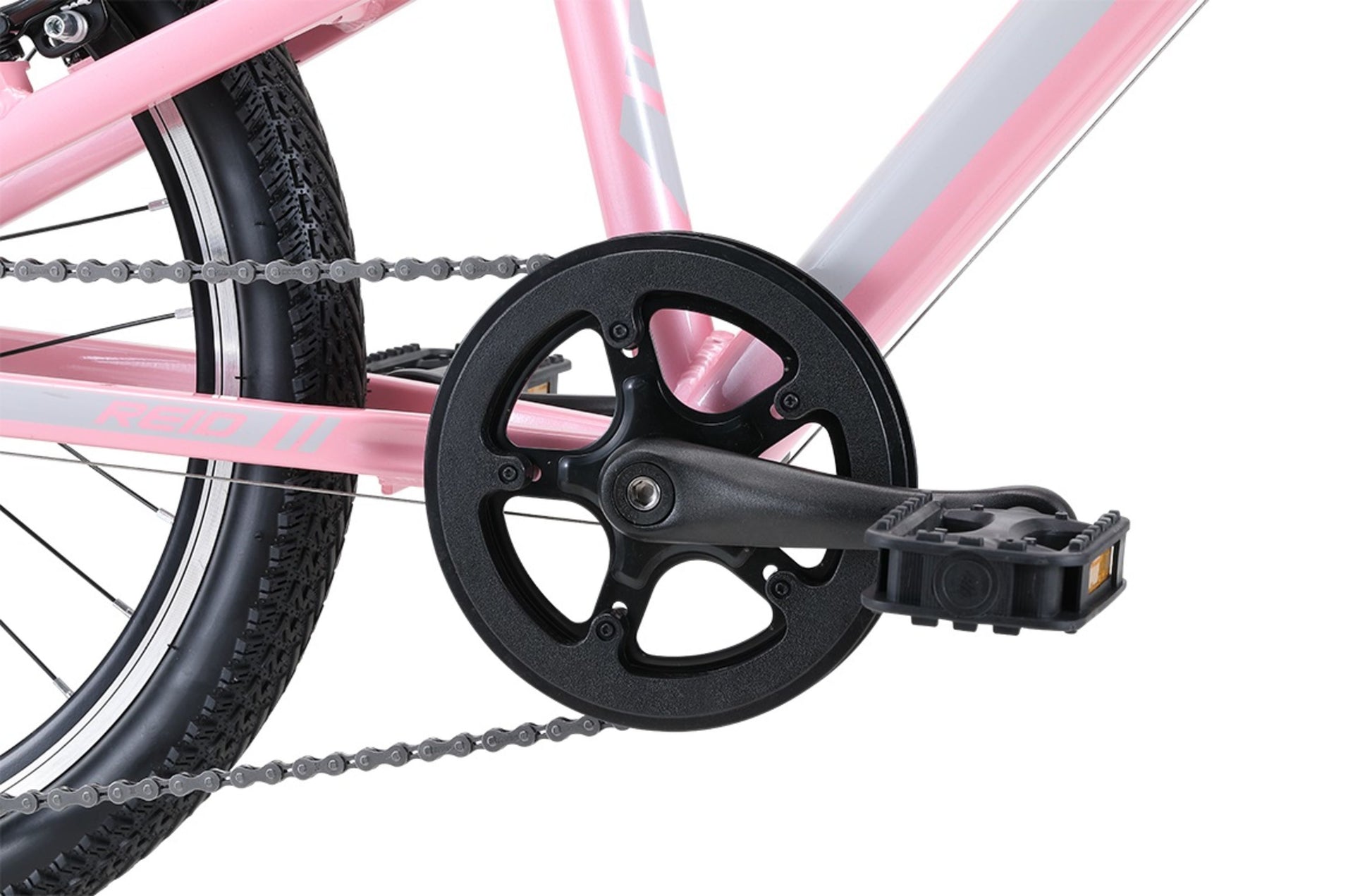 Viper 20" Kids Bike in Pink showing drivetrain and pedal from Reid Cycles Australia 