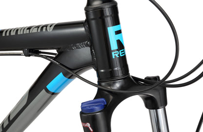 X-trail Mountain Bike in Gloss Black showing Reid logo on bike frame from Reid Cycles Australia 